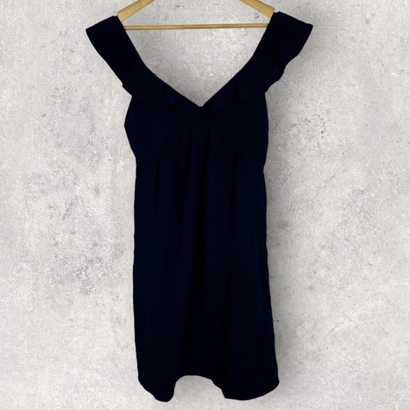 Sezane Olymea‎ Dress Navy Blue Size 36 French / US 4 V-Neck Ruffle Minimalist - Picture 4 of 14